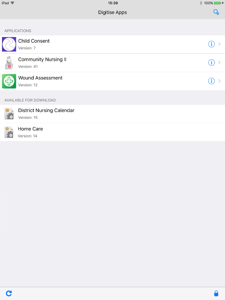 Picture showing the Home screen of the standard Digitise Apps Client on an iPad, showing Apps available for download and Apps already downloaded.